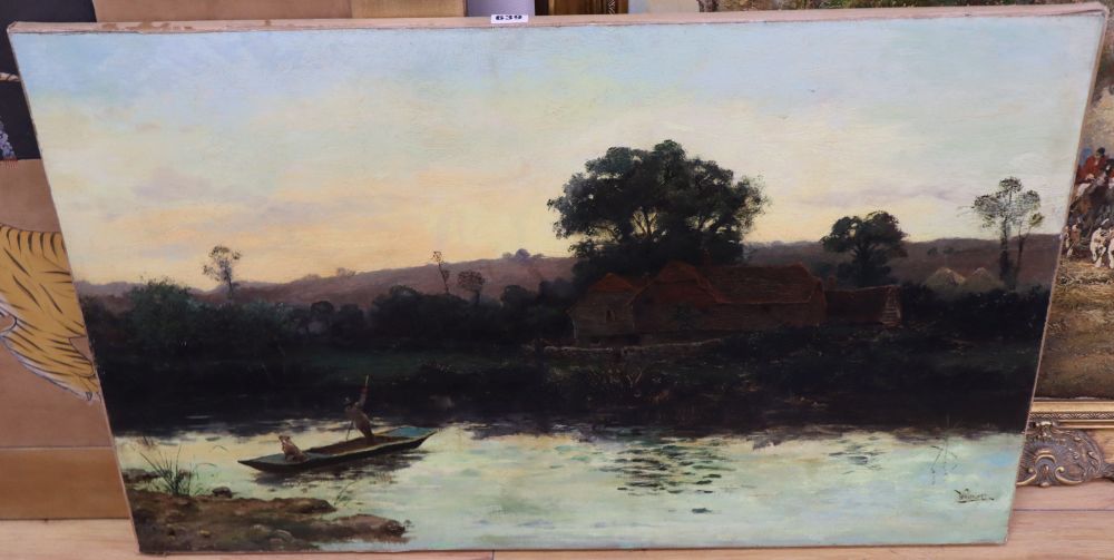 Willenuore, oil on canvas, River landscape with punt at sunset, signed, 56 x 91cm, unframed